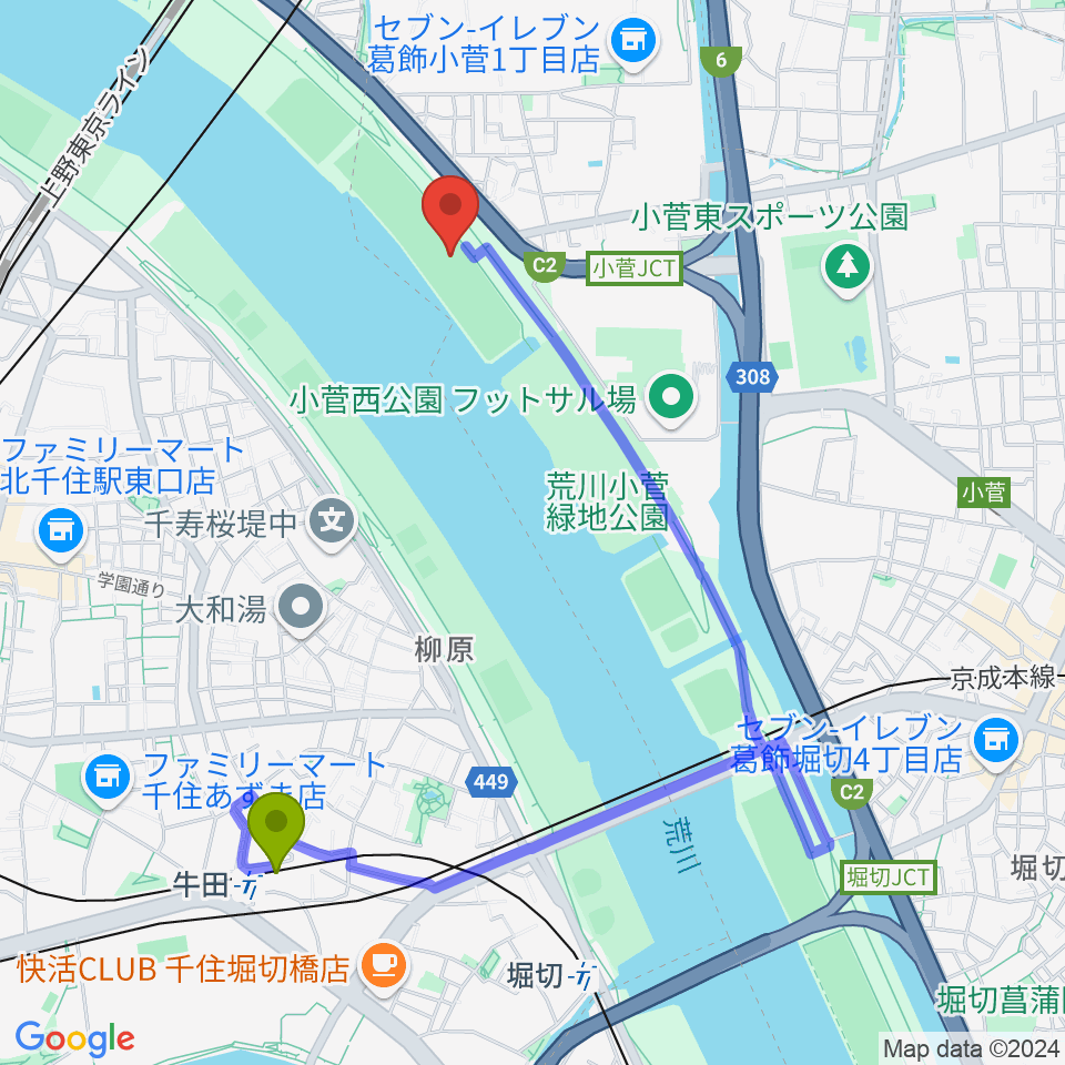 牛田駅から荒川小菅少年野球場へのルートマップ地図