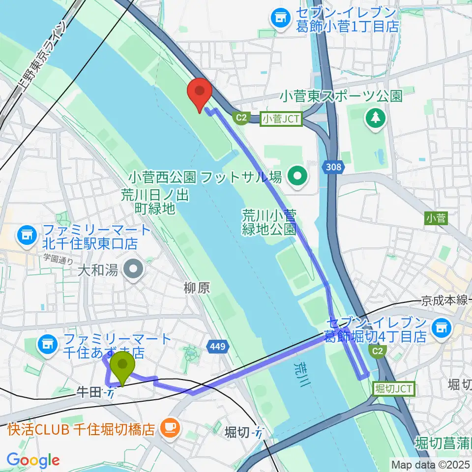 牛田駅から荒川小菅少年野球場へのルートマップ地図