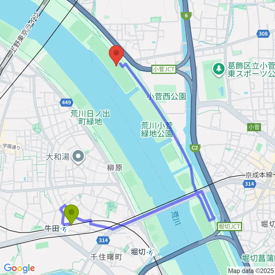 牛田駅から荒川小菅少年野球場へのルートマップ地図