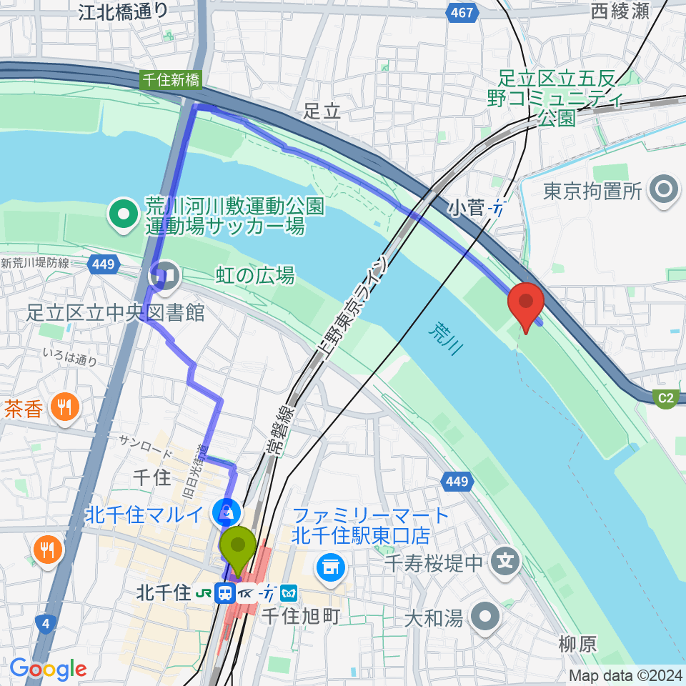 北千住駅から荒川小菅球技場へのルートマップ地図