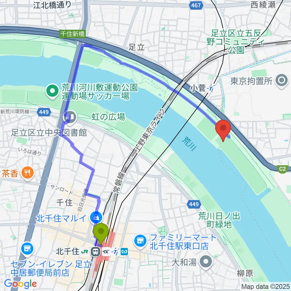 北千住駅から荒川小菅球技場へのルートマップ地図