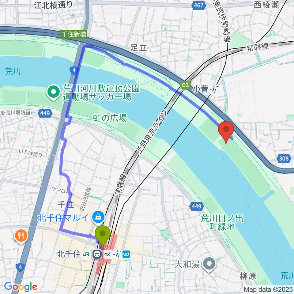 北千住駅から荒川小菅球技場へのルートマップ地図