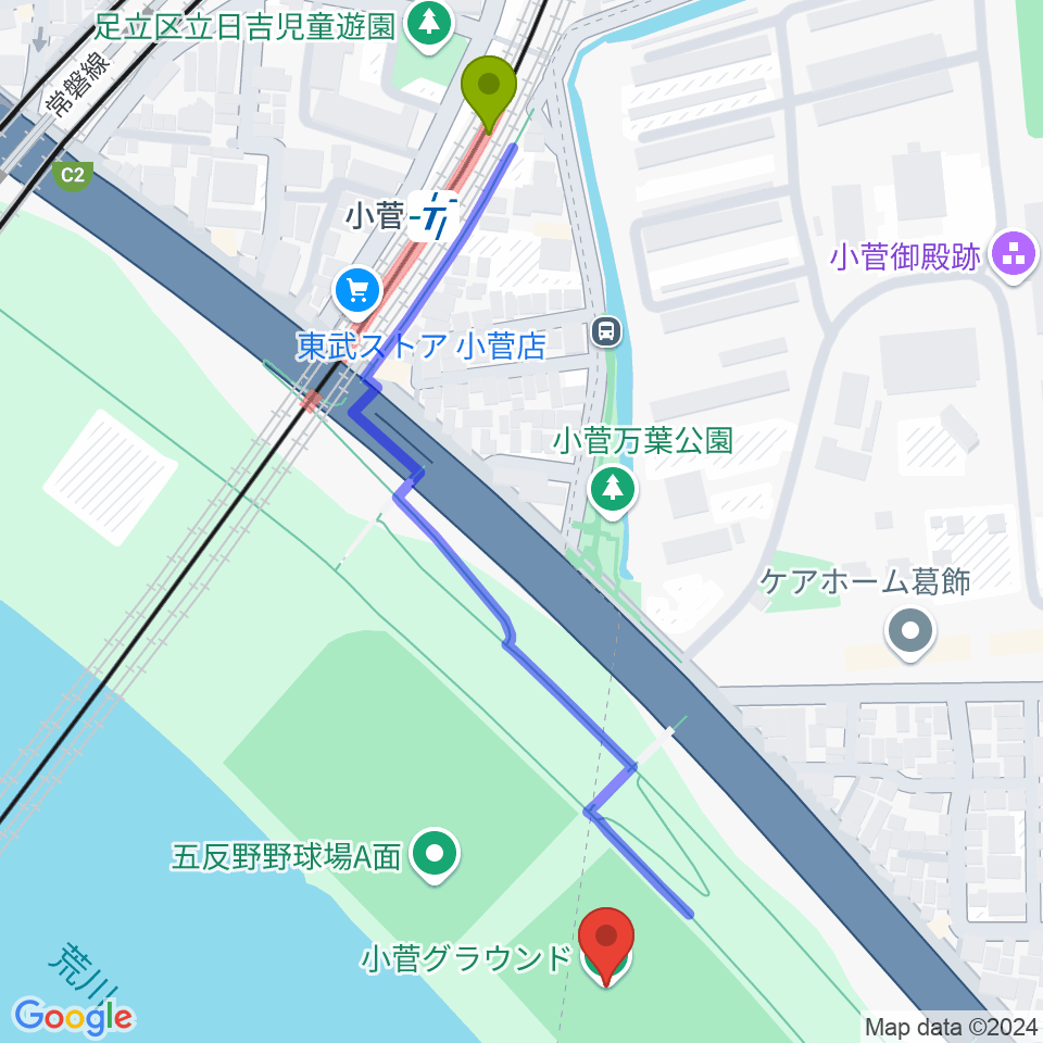 荒川小菅球技場の最寄駅小菅駅からの徒歩ルート（約6分）地図