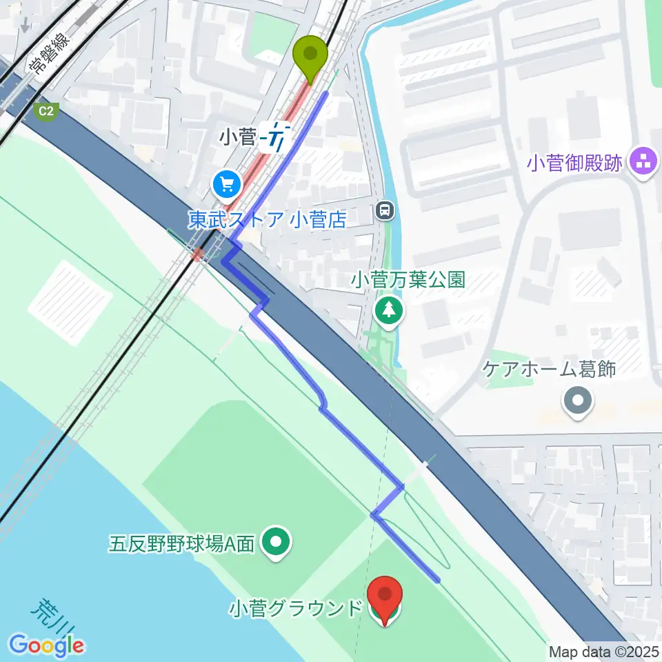 荒川小菅球技場の最寄駅小菅駅からの徒歩ルート（約6分）地図