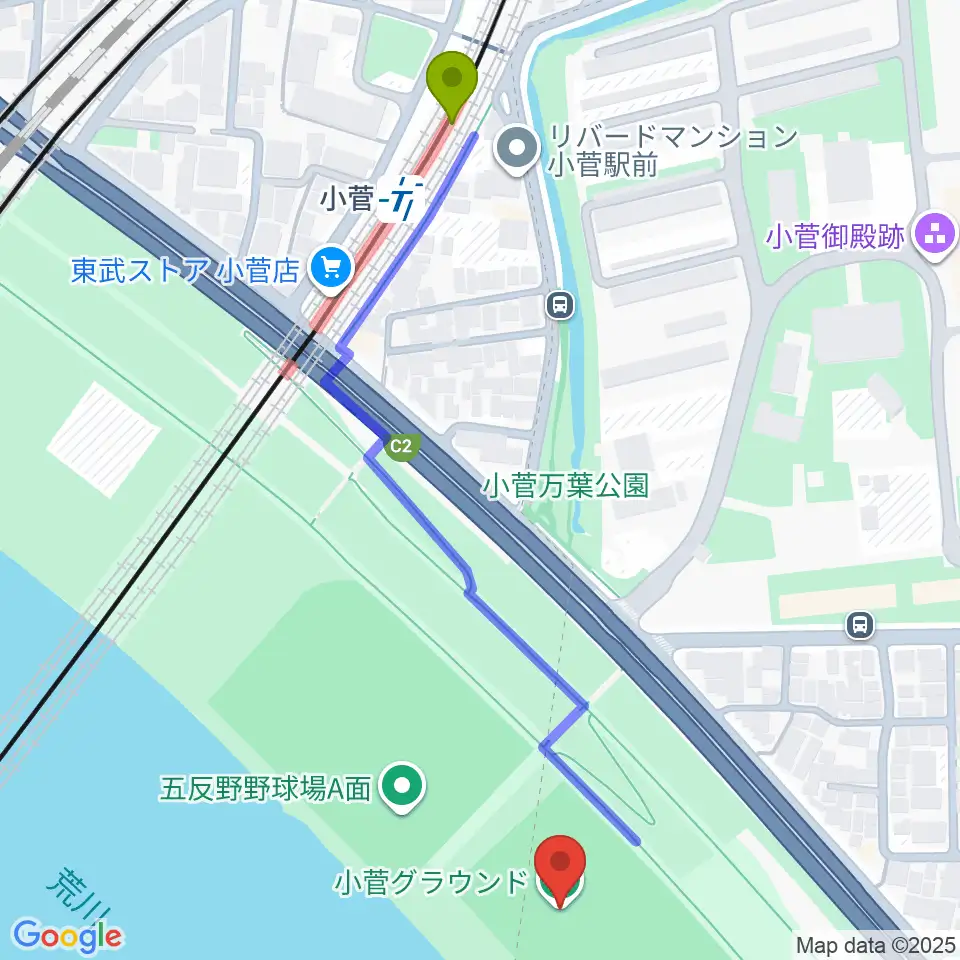 荒川小菅球技場の最寄駅小菅駅からの徒歩ルート（約6分）地図