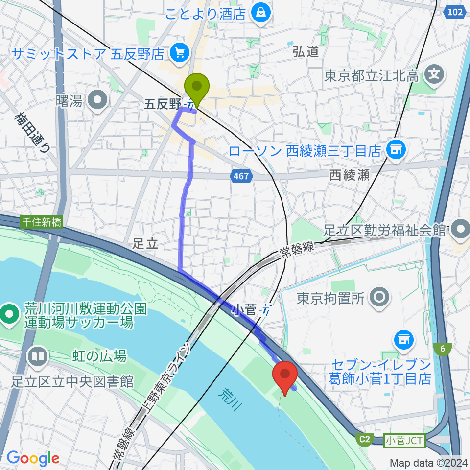 五反野駅から荒川小菅球技場へのルートマップ地図