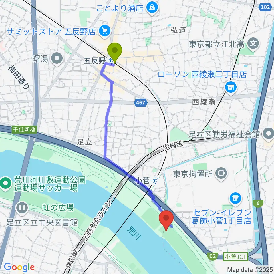 五反野駅から荒川小菅球技場へのルートマップ地図