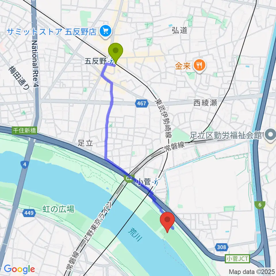 五反野駅から荒川小菅球技場へのルートマップ地図