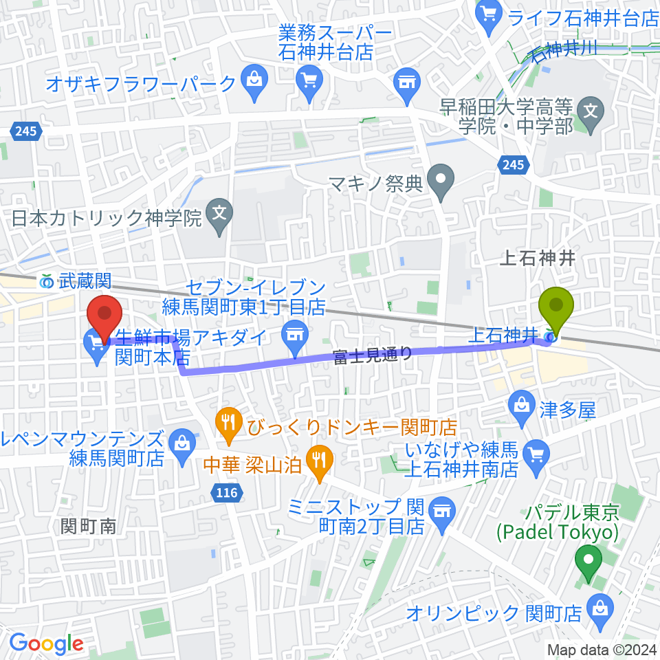 上石神井駅からサウンドショット武蔵関店へのルートマップ地図