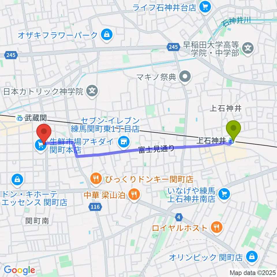 上石神井駅からサウンドショット武蔵関店へのルートマップ地図