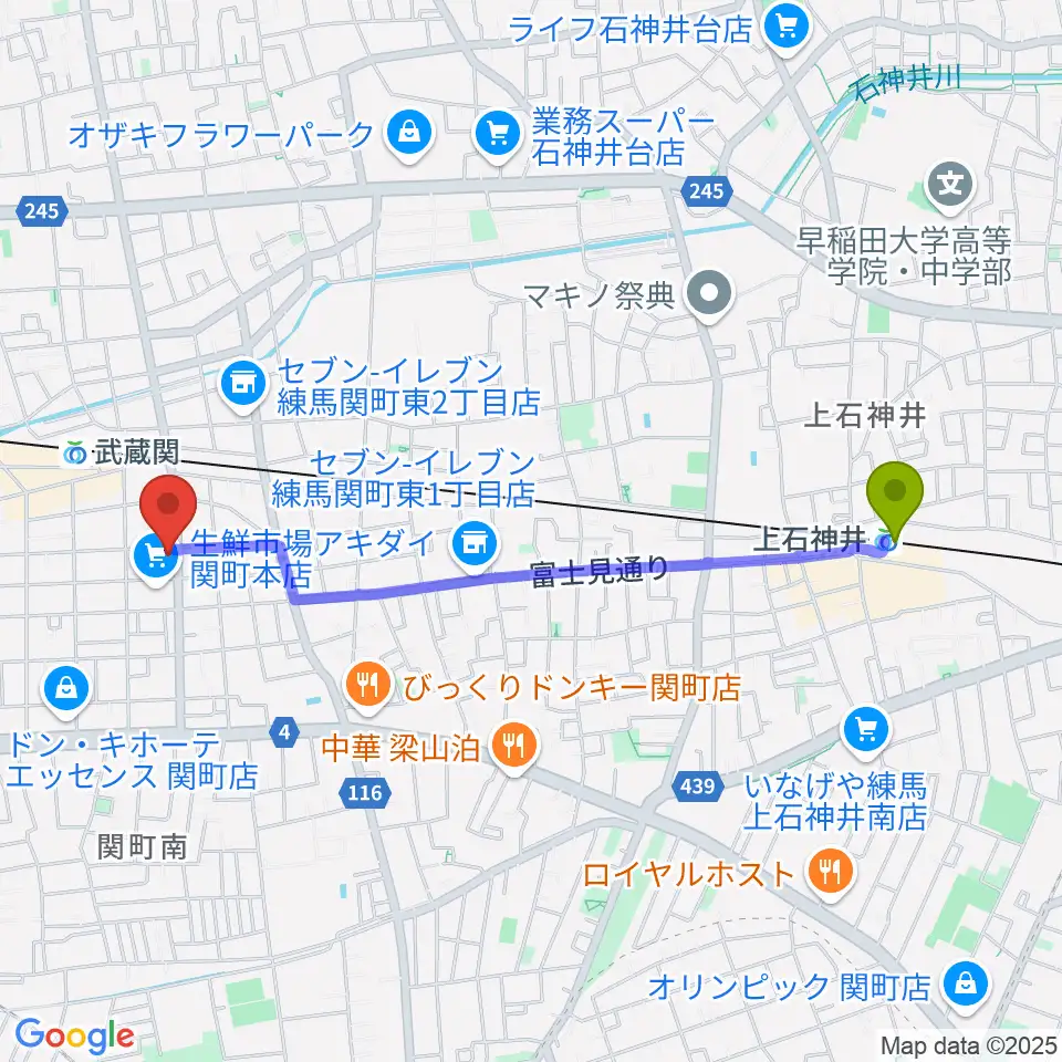 上石神井駅からサウンドショット武蔵関店へのルートマップ地図