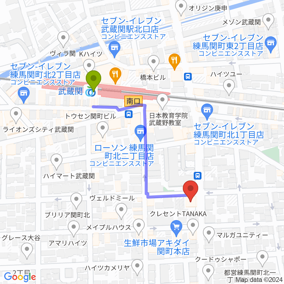 サウンドショット武蔵関店の最寄駅武蔵関駅からの徒歩ルート（約4分）地図