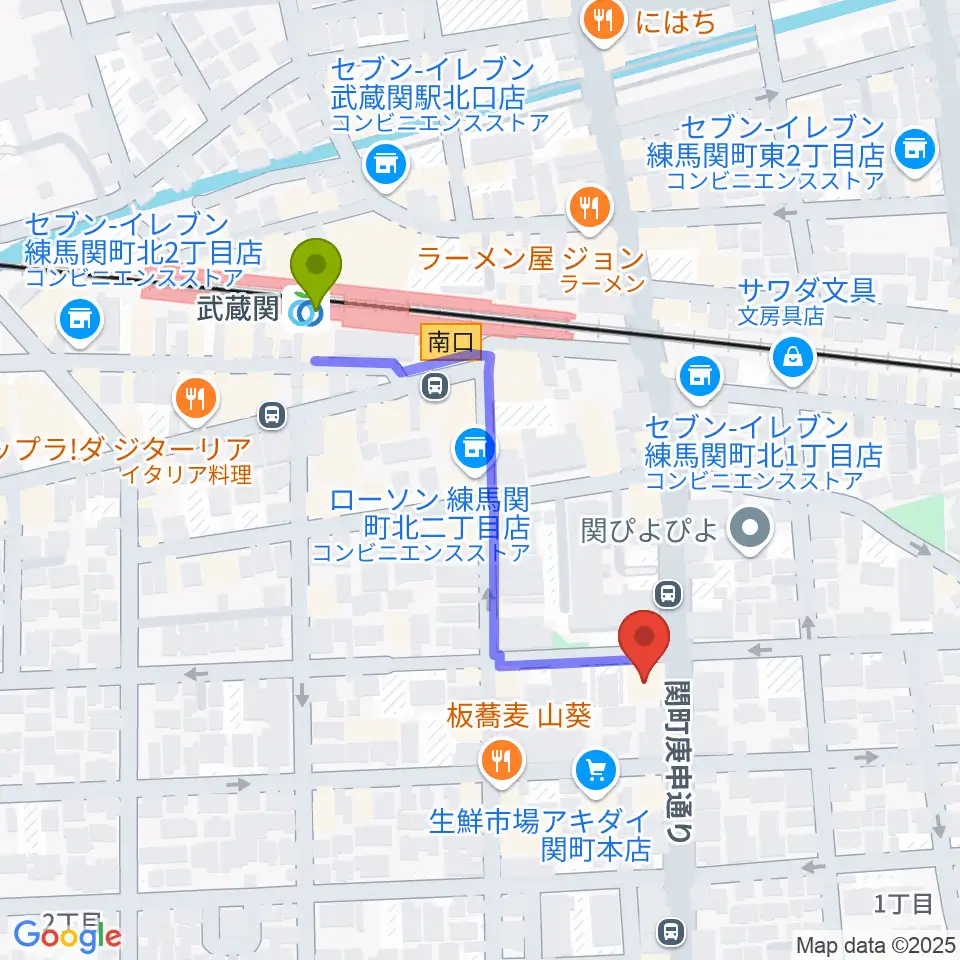 サウンドショット武蔵関店の最寄駅武蔵関駅からの徒歩ルート（約4分）地図