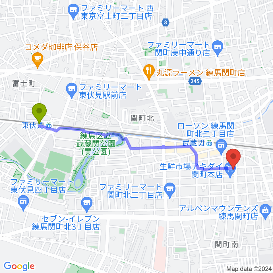 東伏見駅からサウンドショット武蔵関店へのルートマップ地図