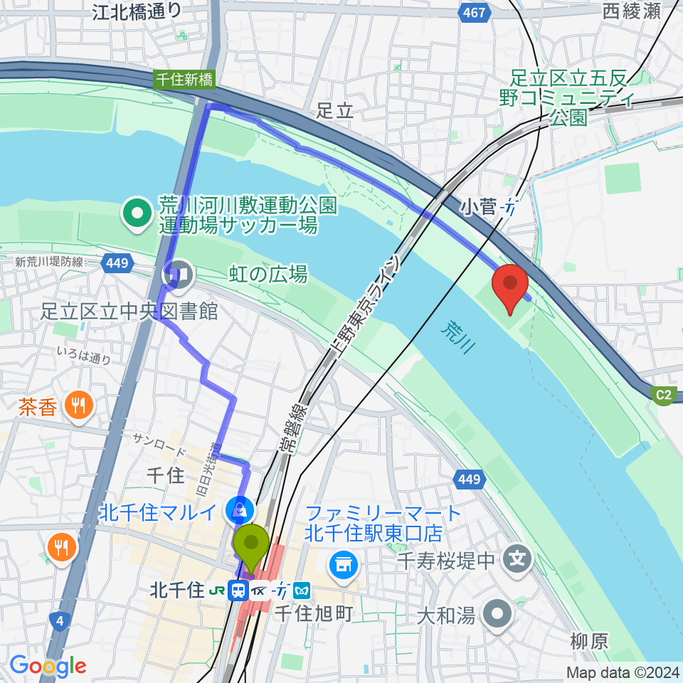 北千住駅から五反野野球場へのルートマップ地図