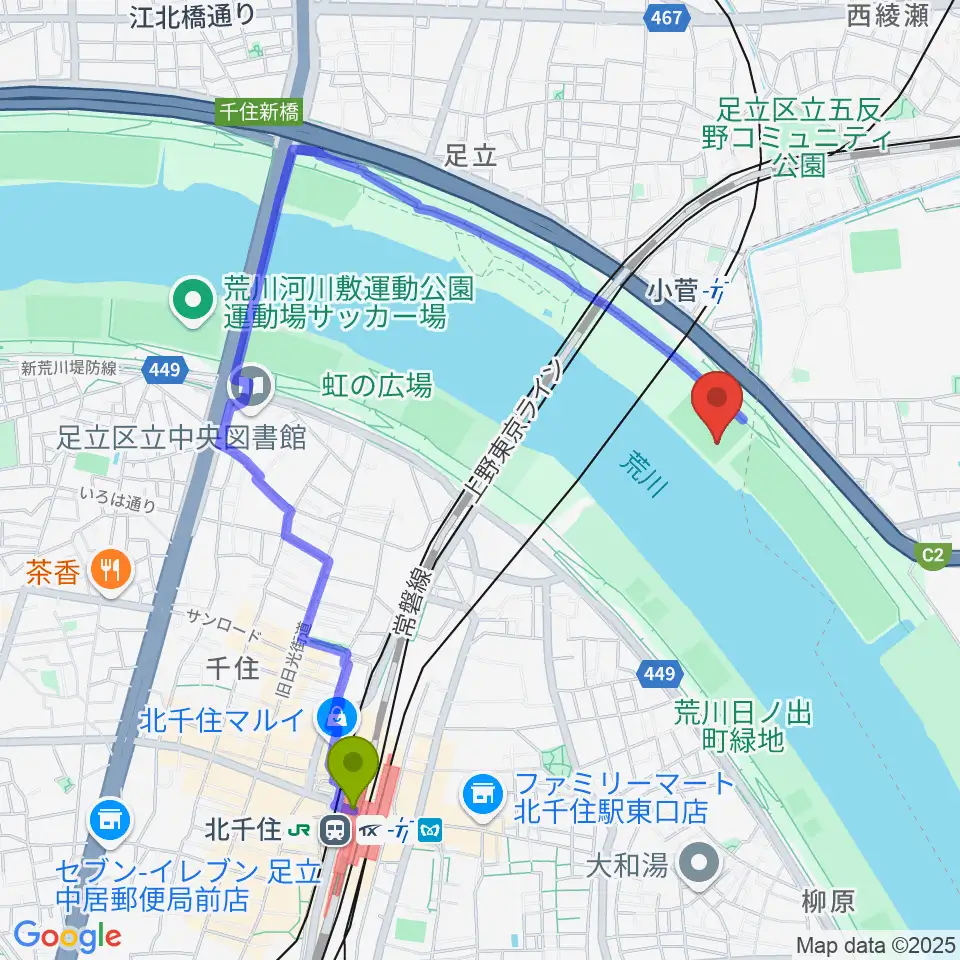 北千住駅から五反野野球場へのルートマップ地図