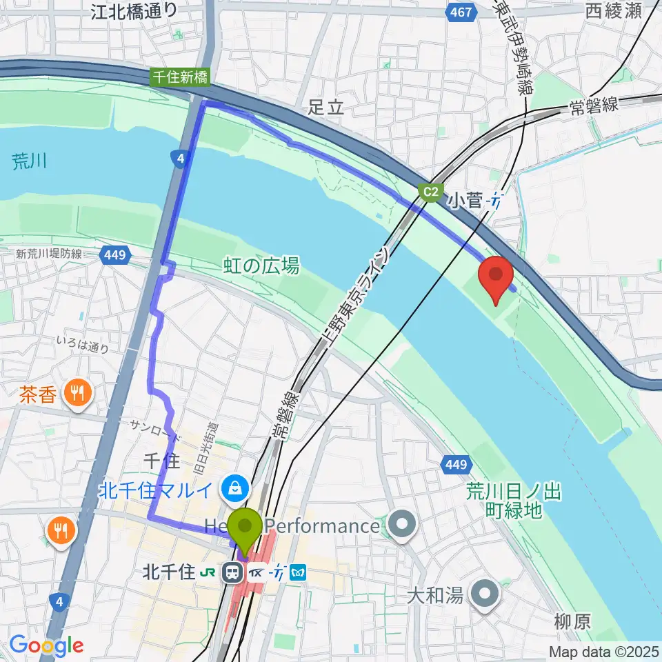 北千住駅から五反野野球場へのルートマップ地図