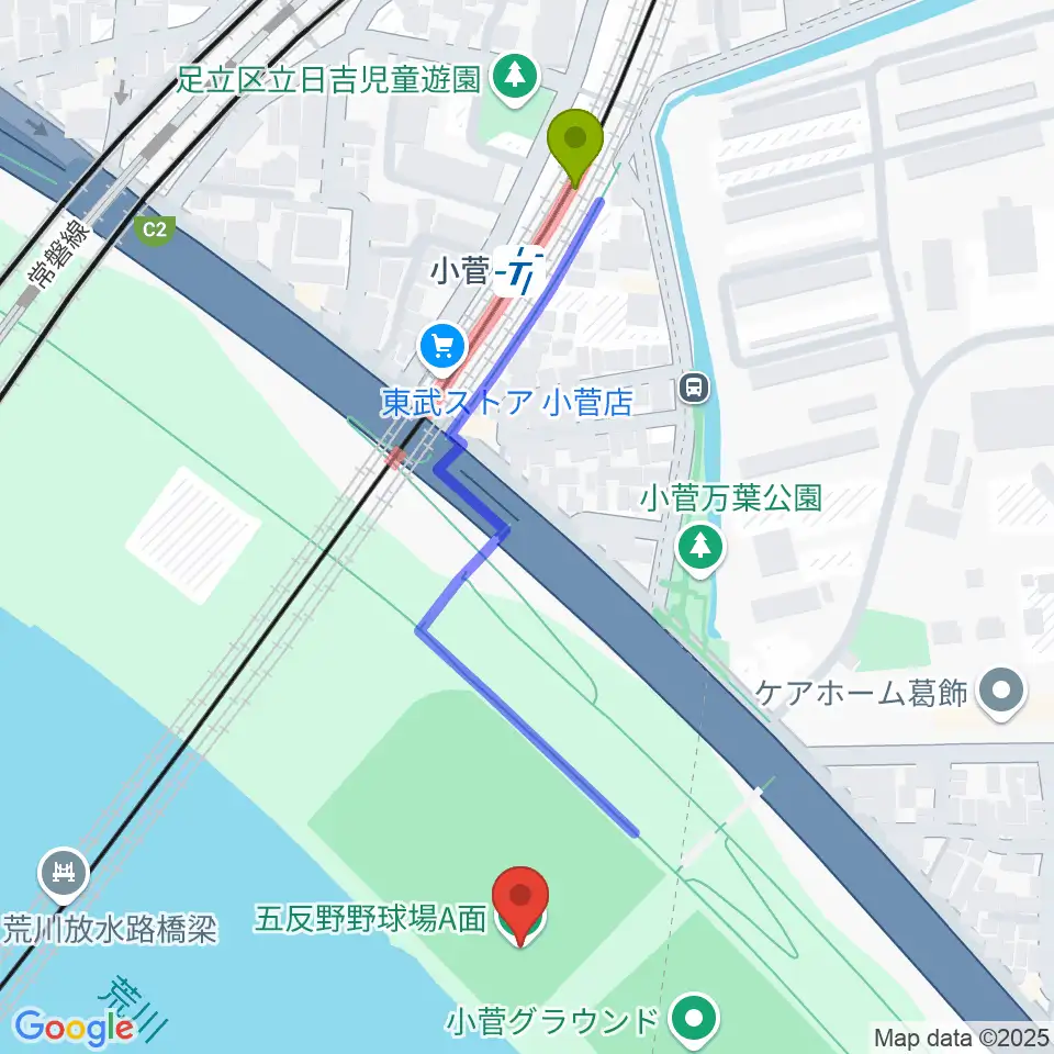 五反野野球場の最寄駅小菅駅からの徒歩ルート（約6分）地図