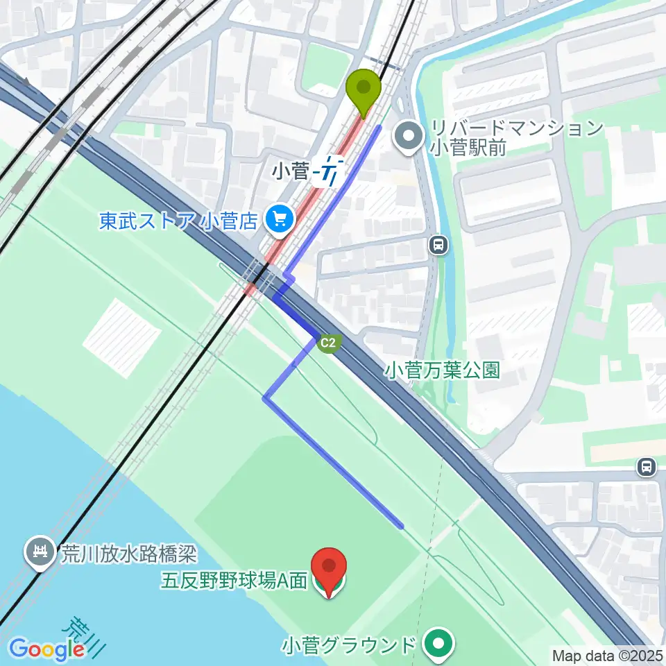 五反野野球場の最寄駅小菅駅からの徒歩ルート（約6分）地図