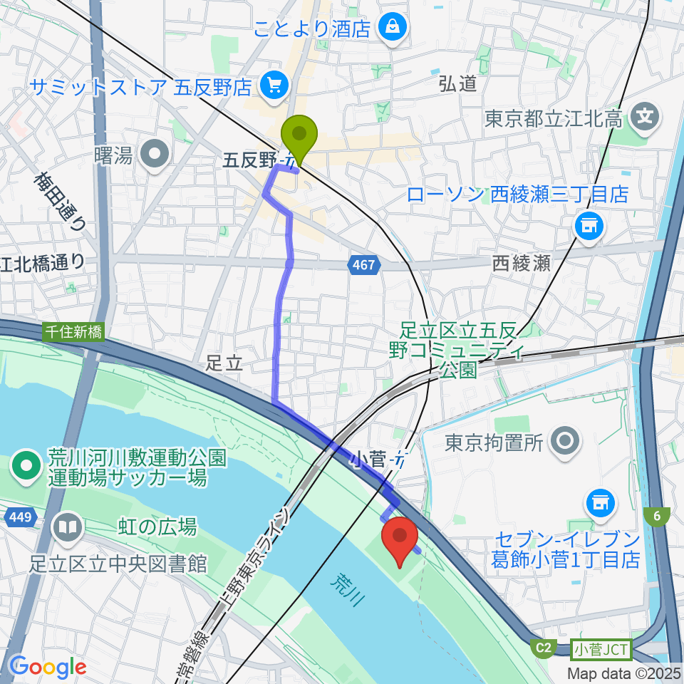 五反野駅から五反野野球場へのルートマップ地図