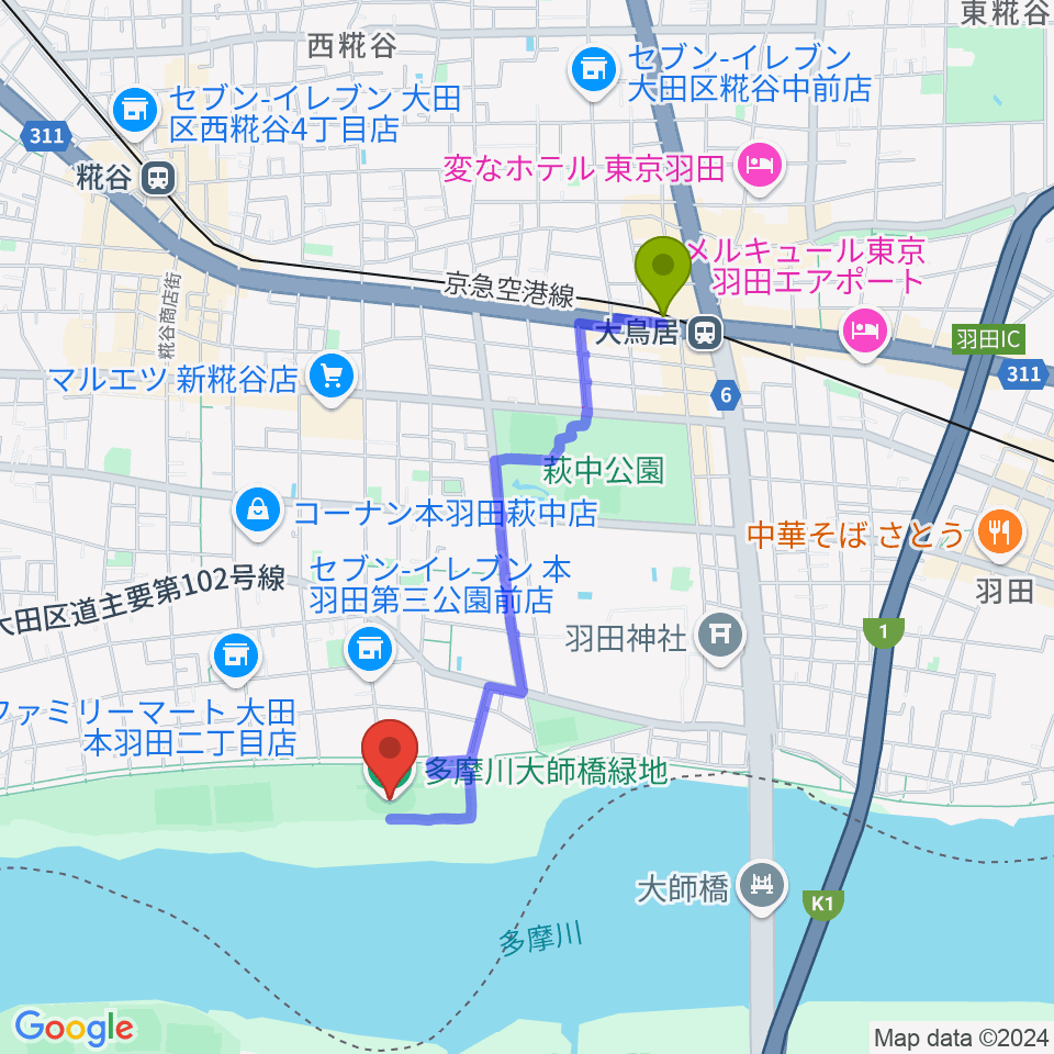 大鳥居駅から多摩川大師橋緑地へのルートマップ地図