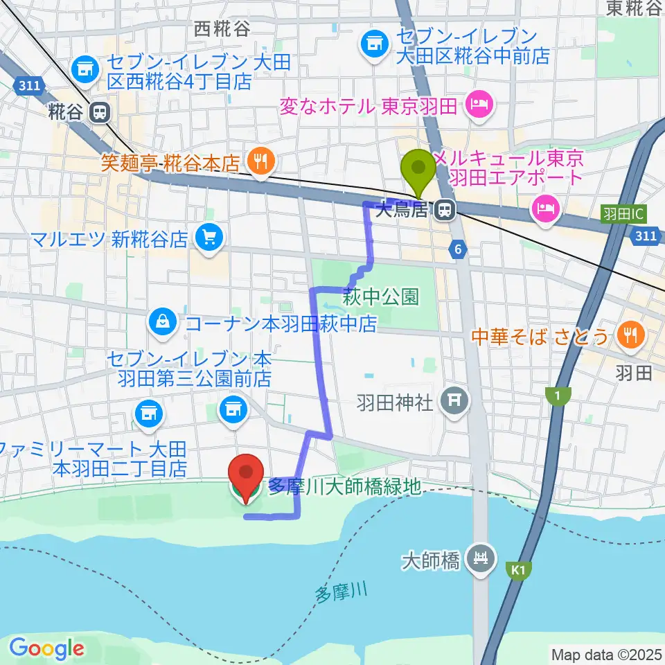 大鳥居駅から多摩川大師橋緑地へのルートマップ地図