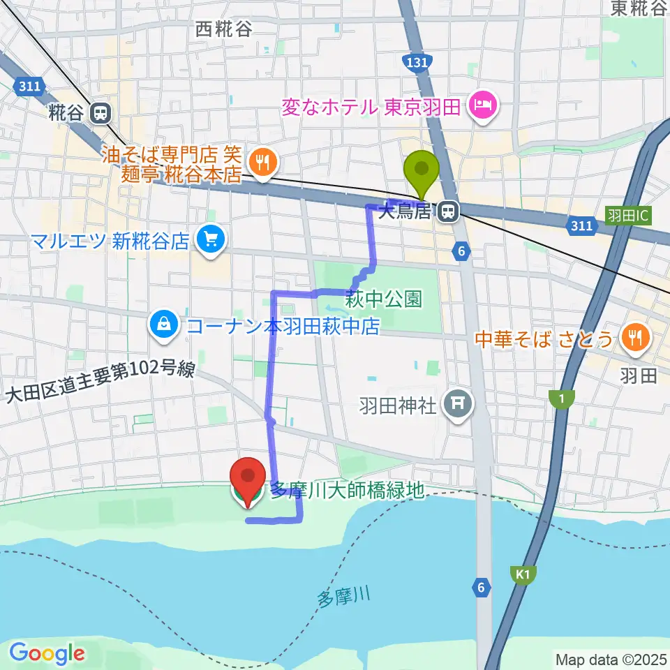 大鳥居駅から多摩川大師橋緑地へのルートマップ地図