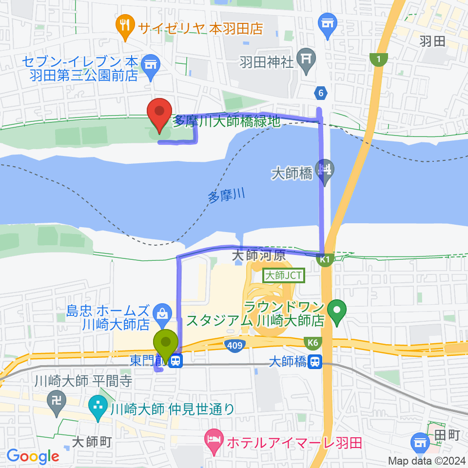 多摩川大師橋緑地の最寄駅東門前駅からの徒歩ルート（約15分）地図