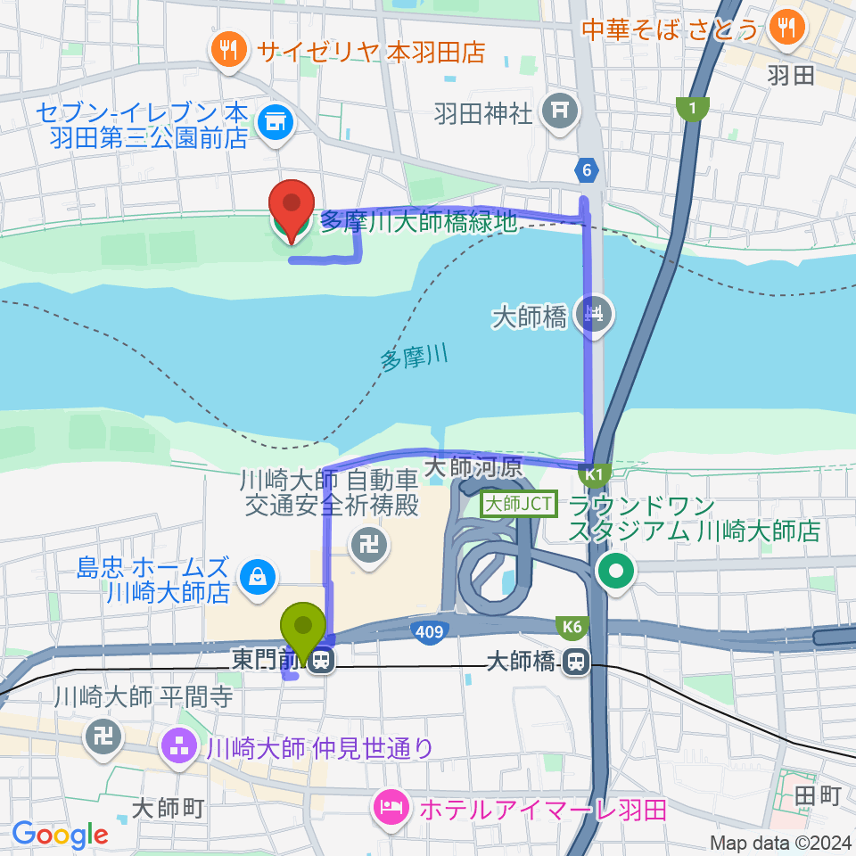 多摩川大師橋緑地の最寄駅東門前駅からの徒歩ルート（約15分）地図