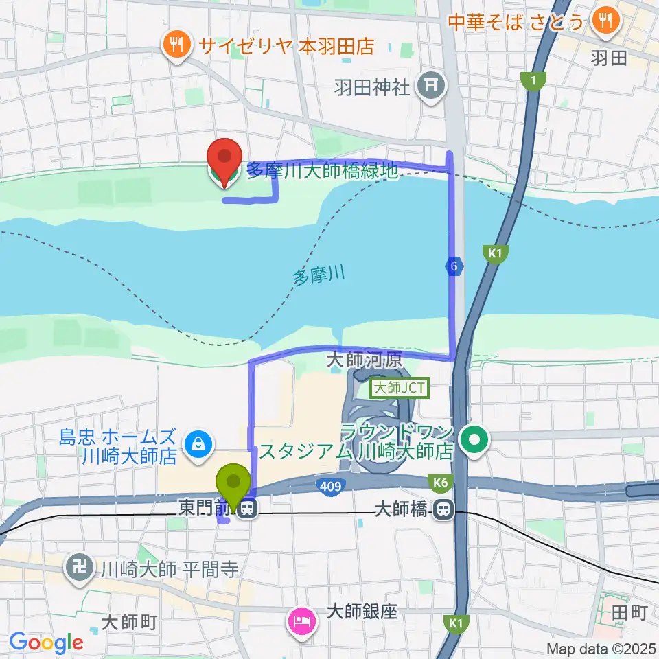 多摩川大師橋緑地の最寄駅東門前駅からの徒歩ルート（約15分）地図
