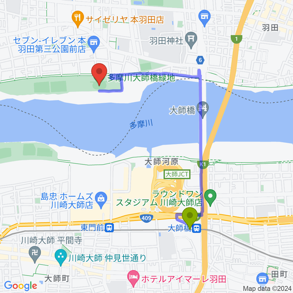 大師橋駅から多摩川大師橋緑地へのルートマップ地図