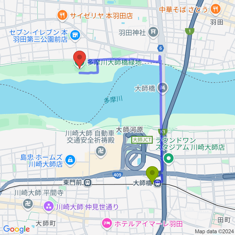 大師橋駅から多摩川大師橋緑地へのルートマップ地図