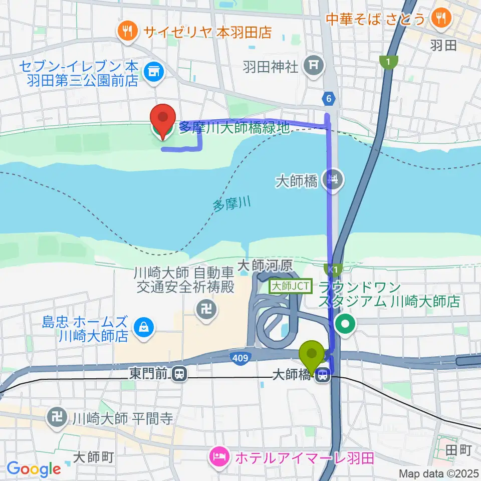 大師橋駅から多摩川大師橋緑地へのルートマップ地図