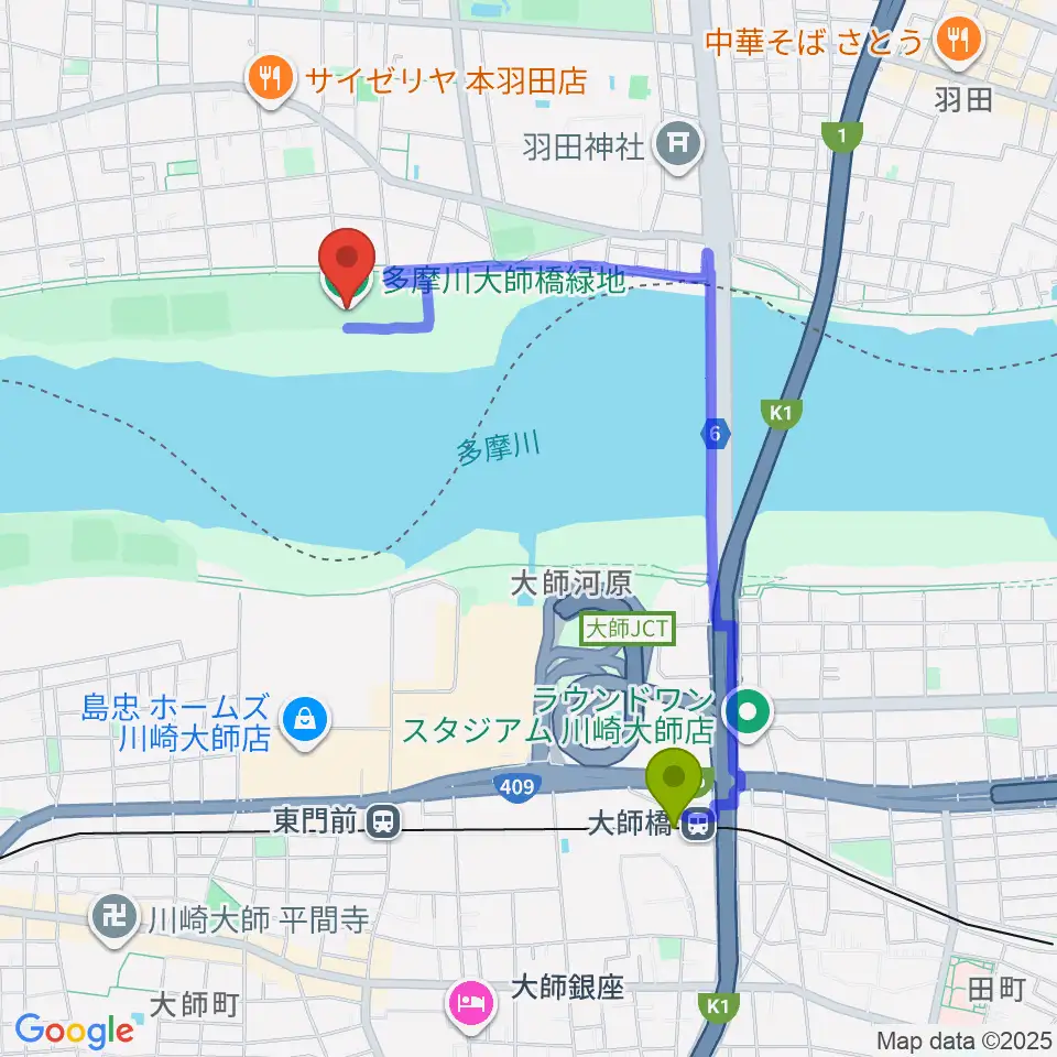 大師橋駅から多摩川大師橋緑地へのルートマップ地図