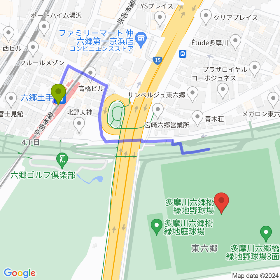 多摩川六郷橋緑地野球場の最寄駅六郷土手駅からの徒歩ルート（約5分）地図