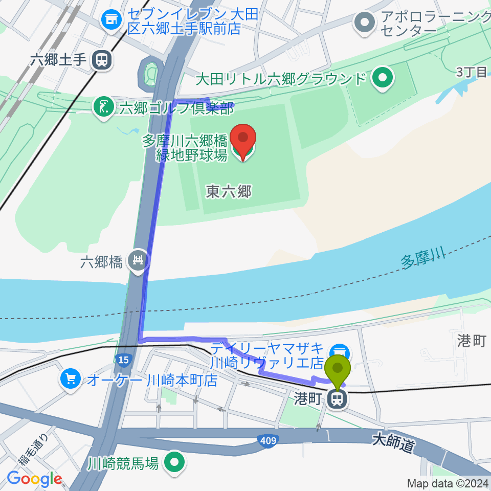 港町駅から多摩川六郷橋緑地野球場へのルートマップ地図
