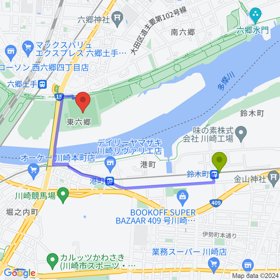 鈴木町駅から多摩川六郷橋緑地野球場へのルートマップ地図