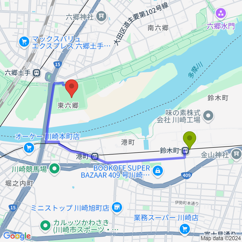 鈴木町駅から多摩川六郷橋緑地野球場へのルートマップ地図