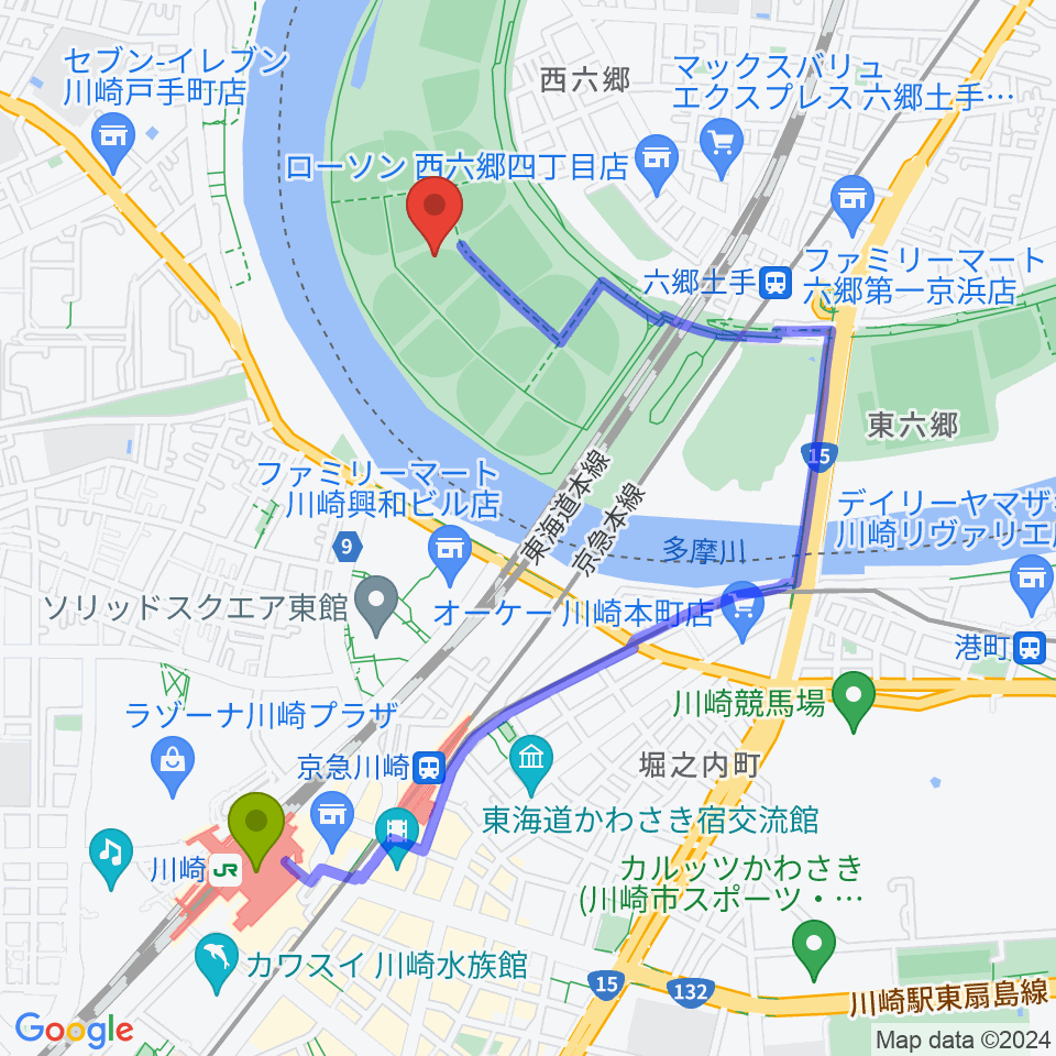 川崎駅から多摩川緑地野球場へのルートマップ地図