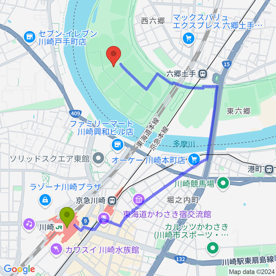 川崎駅から多摩川緑地野球場へのルートマップ地図