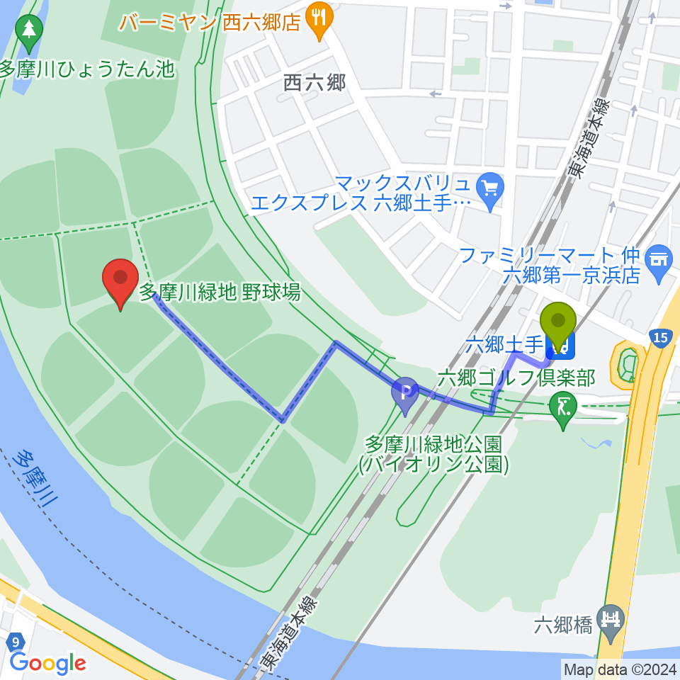 多摩川緑地野球場の最寄駅六郷土手駅からの徒歩ルート（約10分）地図