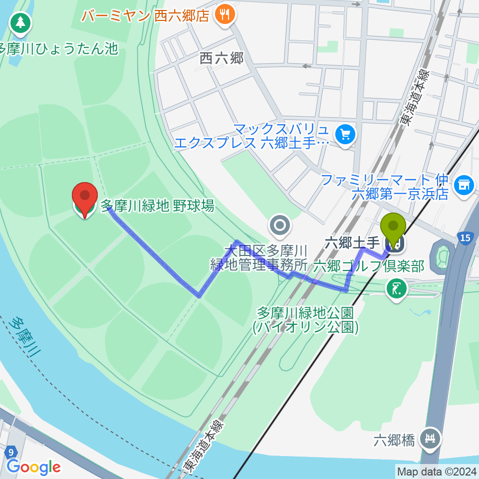 多摩川緑地野球場の最寄駅六郷土手駅からの徒歩ルート（約10分）地図