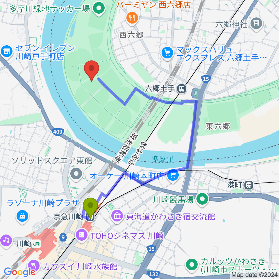京急川崎駅から多摩川緑地野球場へのルートマップ地図