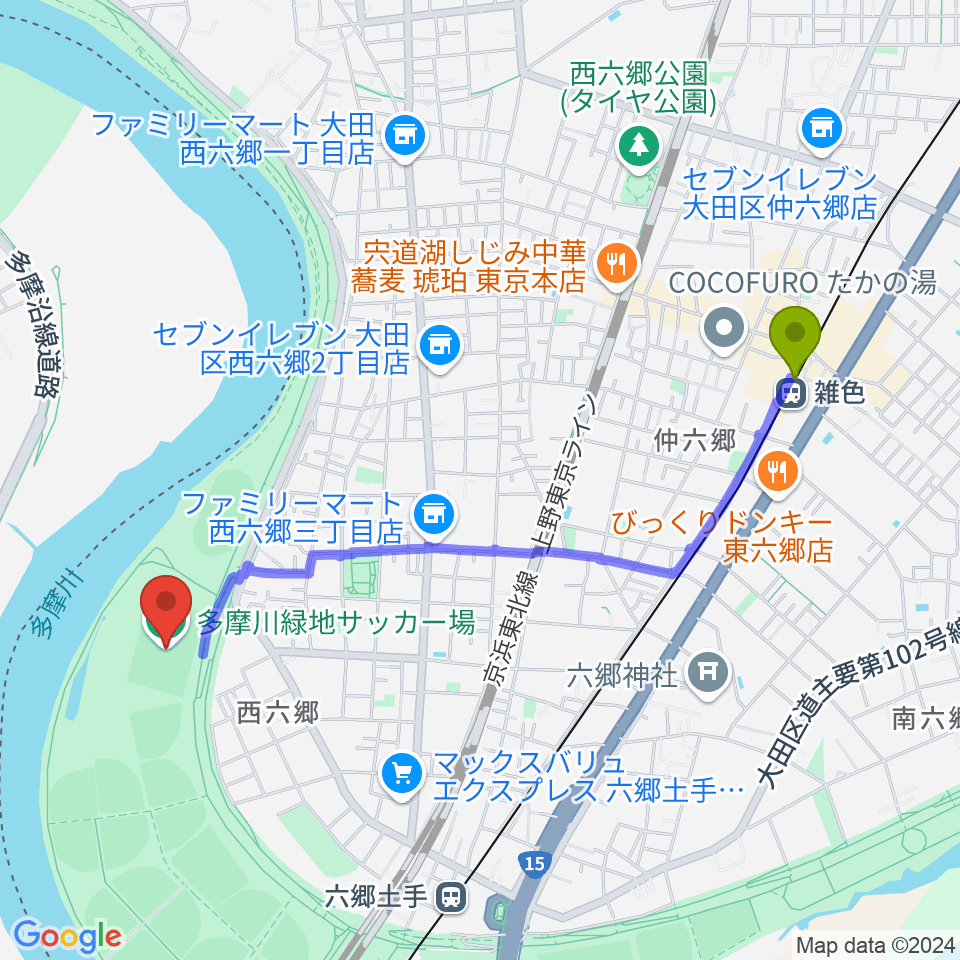 雑色駅から多摩川緑地サッカー場へのルートマップ地図