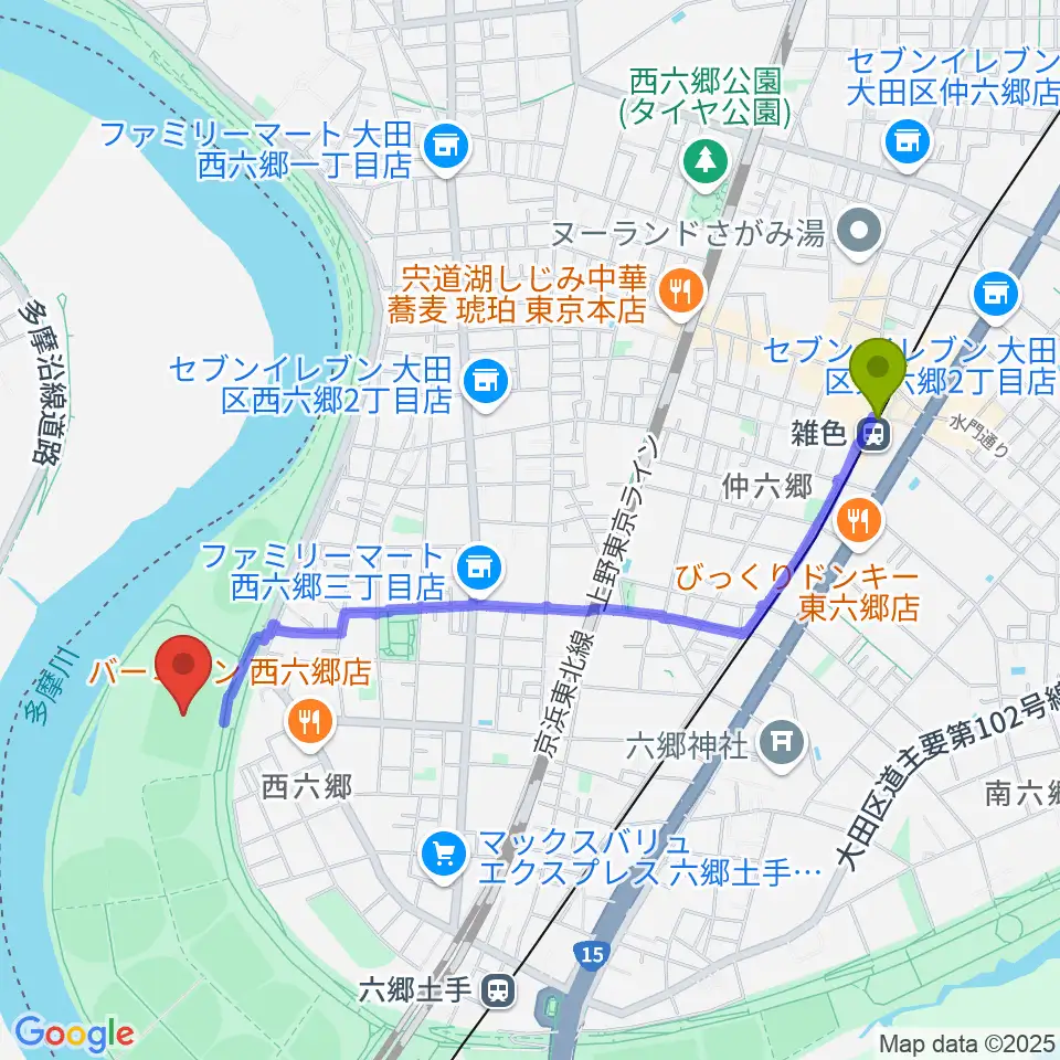 雑色駅から多摩川緑地サッカー場へのルートマップ地図