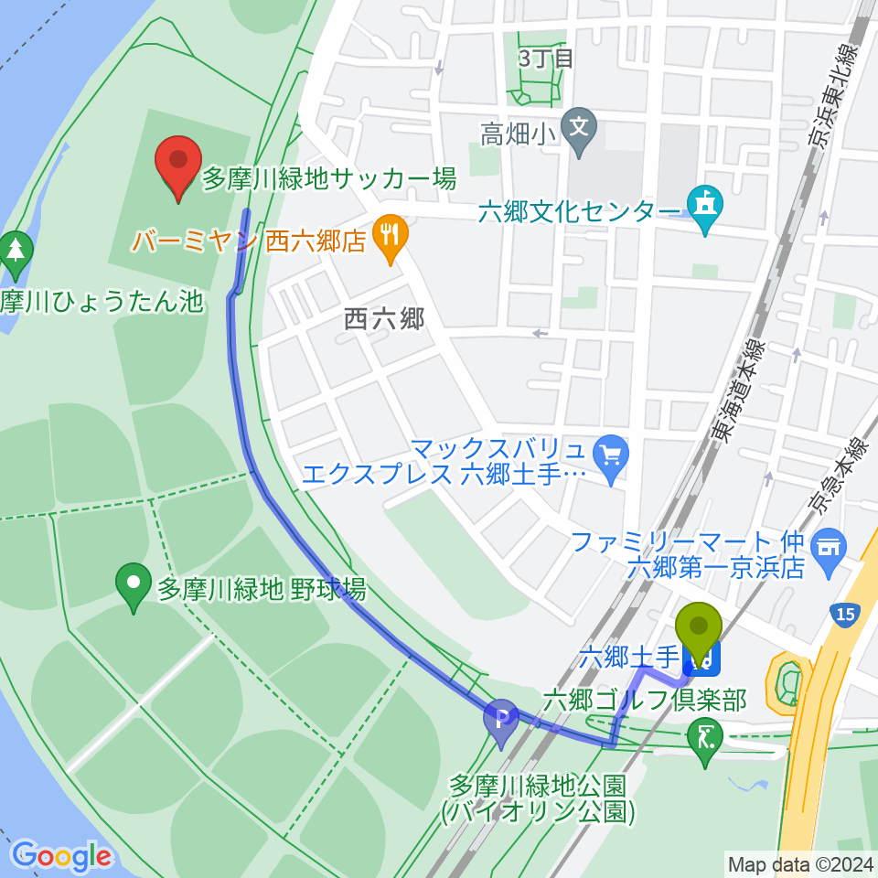 多摩川緑地サッカー場の最寄駅六郷土手駅からの徒歩ルート（約12分）地図