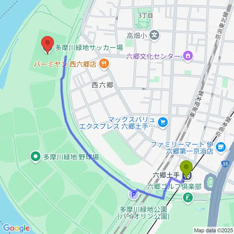 多摩川緑地サッカー場の最寄駅六郷土手駅からの徒歩ルート（約12分）地図