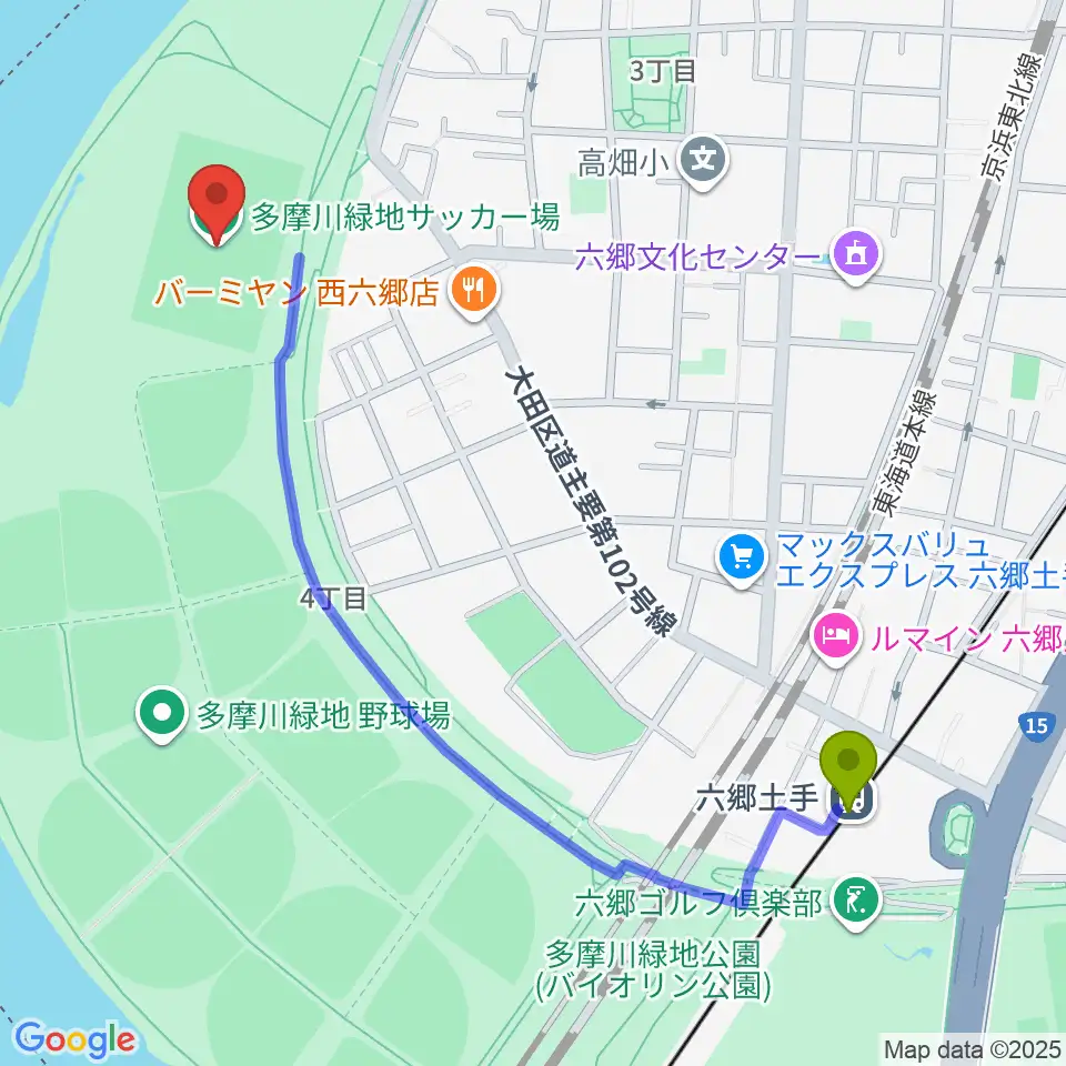 多摩川緑地サッカー場の最寄駅六郷土手駅からの徒歩ルート（約12分）地図