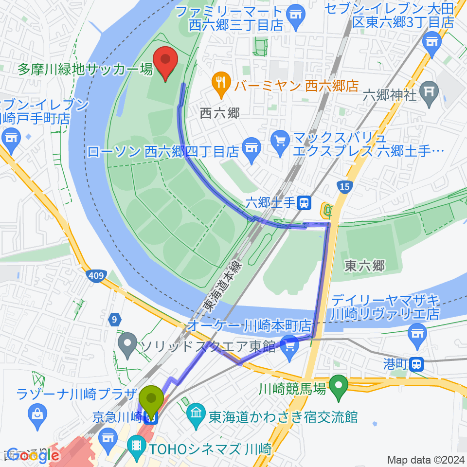 京急川崎駅から多摩川緑地サッカー場へのルートマップ地図