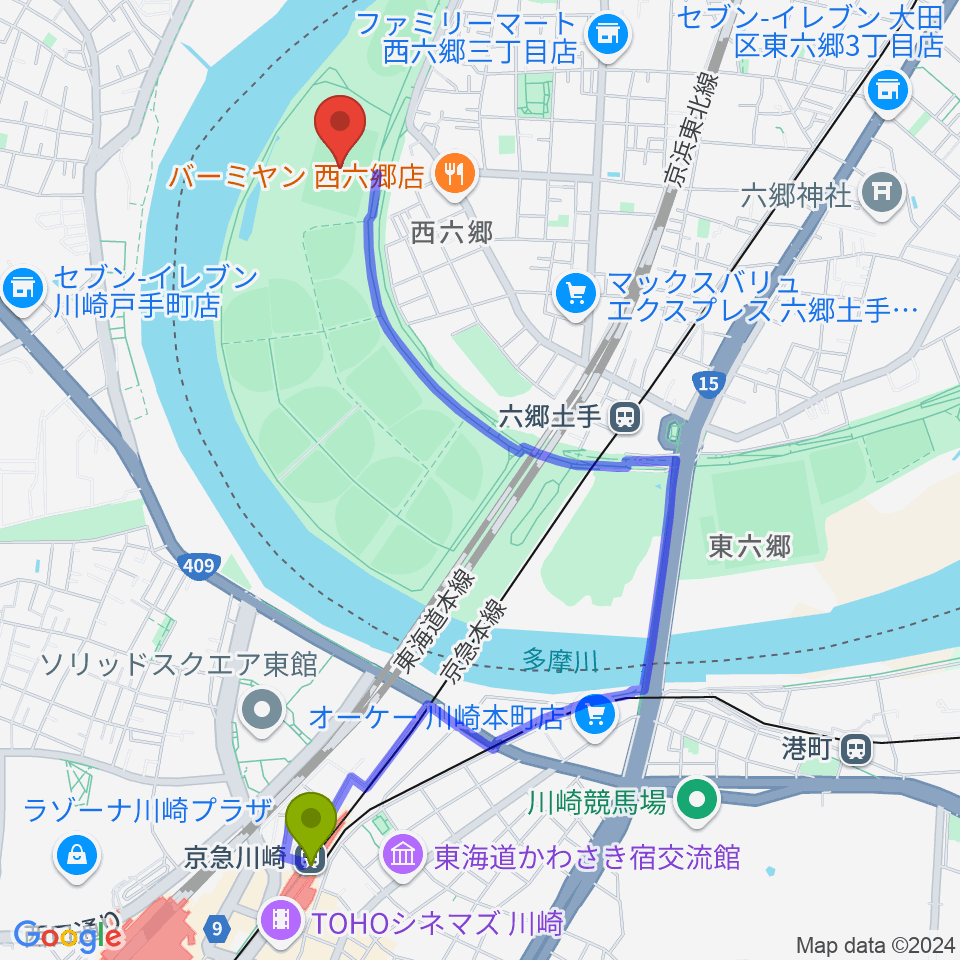 京急川崎駅から多摩川緑地サッカー場へのルートマップ地図